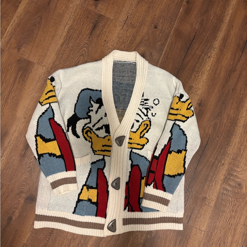 Donald Duck Graphic Cardigan Sweater - Cream, Blue, Red